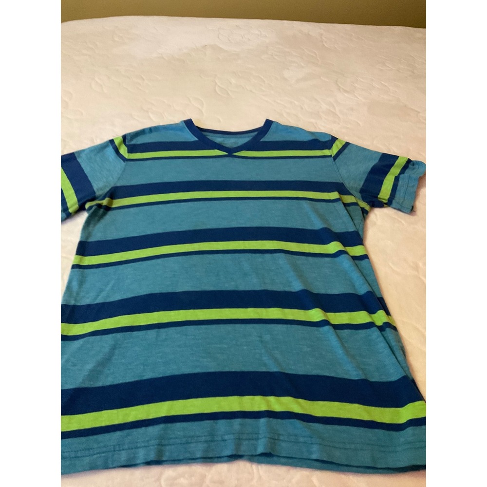 No Boundaries Mens Striped V-Neck T-Shirt Blue Lime Green Short Sleeve Size M